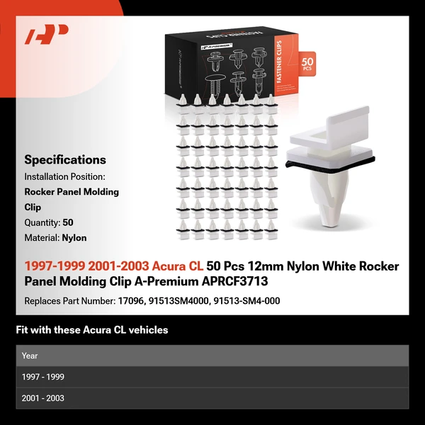 1997-1999 2001-2003 Acura CL 50 Pcs 12mm Nylon White Rocker Panel Molding Clip A-Premium APRCF3713