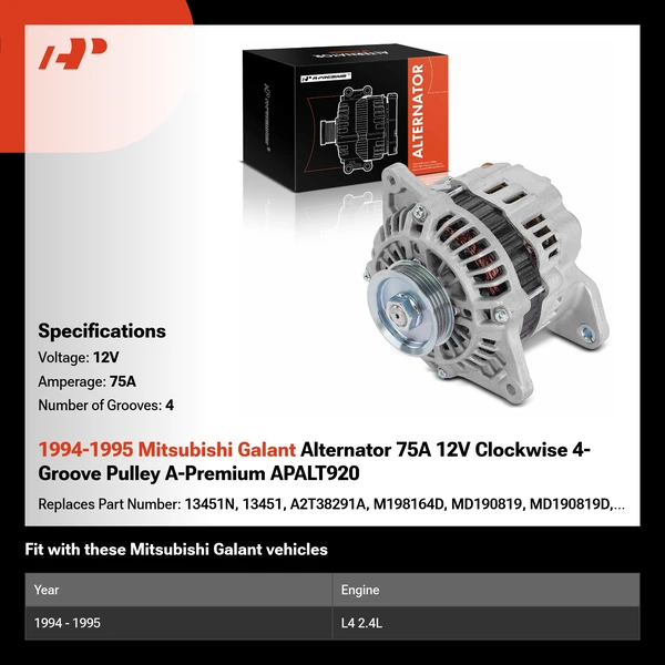 1994-1995 Mitsubishi Galant Alternator 75A 12V Clockwise 4-Groove Pulley A-Premium APALT920
