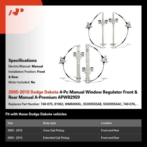 2005-2010 Dodge Dakota 4-Pc Manual Window Regulator Front & Rear Manual A-Premium APWR2959