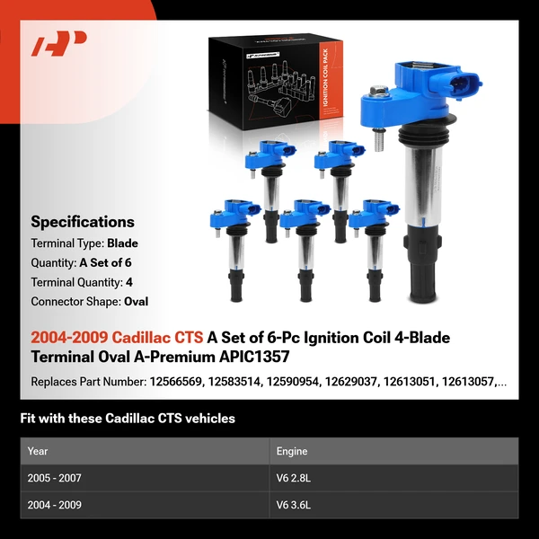 2004-2009 Cadillac CTS A Set of 6-Pc Ignition Coil 4-Blade Terminal Oval A-Premium APIC1357