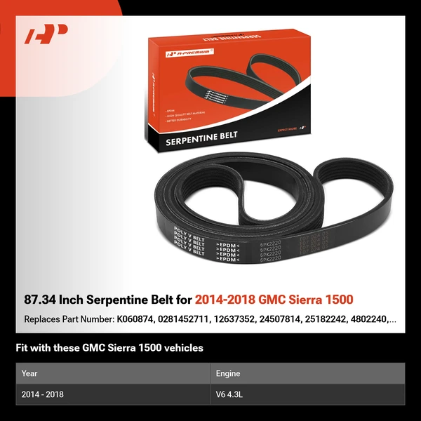 87.34 Inch Serpentine Belt for 2014-2018 GMC Sierra 1500