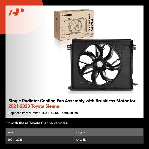 Single Radiator Cooling Fan Assembly with Brushless Motor for 2021-2023 Toyota Sienna