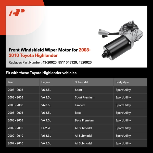 Front Windshield Wiper Motor for 2008-2010 Toyota Highlander