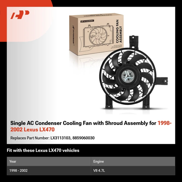 Single AC Condenser Cooling Fan with Shroud Assembly for 1998-2002 Lexus LX470