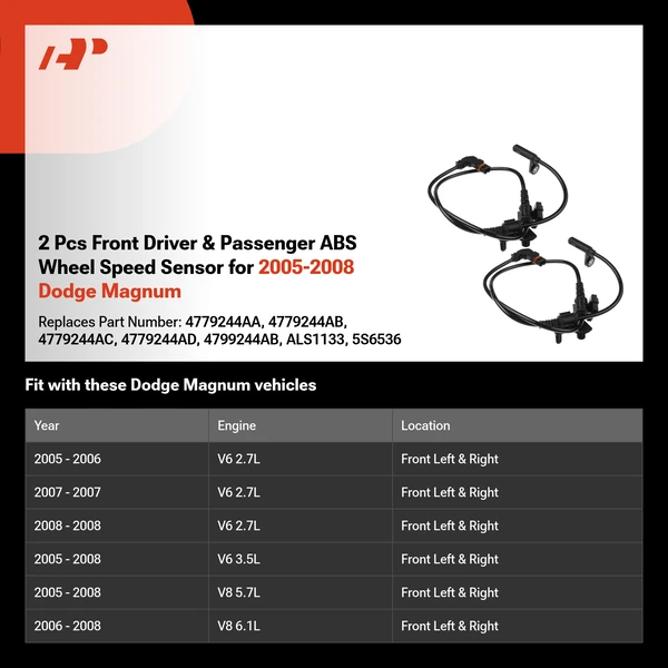 2 Pcs Front Driver & Passenger ABS Wheel Speed Sensor for 2005-2008 Dodge Magnum