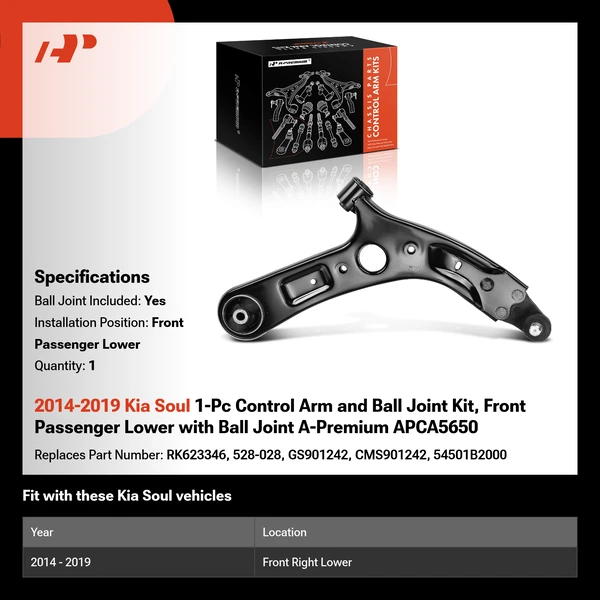 2014-2019 Kia Soul 1-Pc Control Arm and Ball Joint Kit, Front Passenger Lower with Ball Joint A-Premium APCA5650