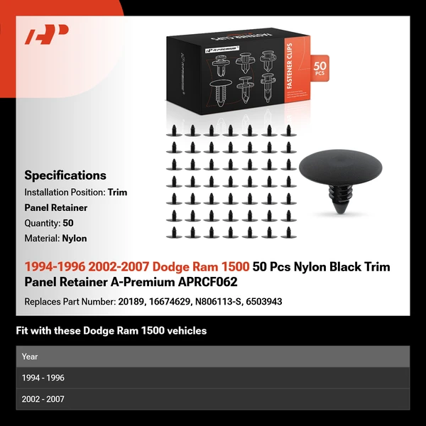 1994-1996 2002-2007 Dodge Ram 1500 50 Pcs Nylon Black Trim Panel Retainer A-Premium APRCF062