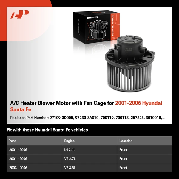 A/C Heater Blower Motor with Fan Cage for 2001-2006 Hyundai Santa Fe