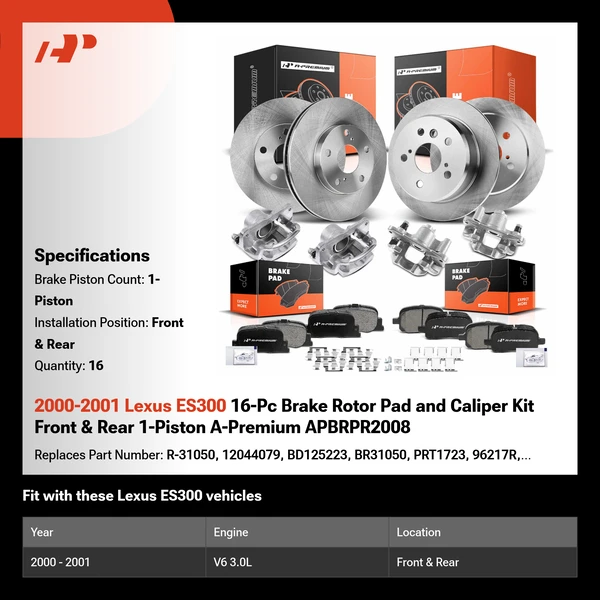2000-2001 Lexus ES300 16-Pc Brake Rotor Pad and Caliper Kit Front & Rear 1-Piston A-Premium APBRPR2008