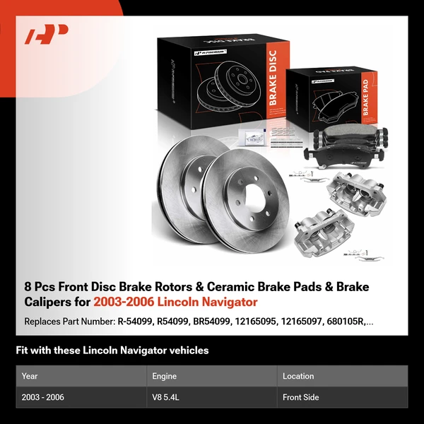 8 Pcs Front Disc Brake Rotors & Ceramic Brake Pads & Brake Calipers for 2003-2006 Lincoln Navigator