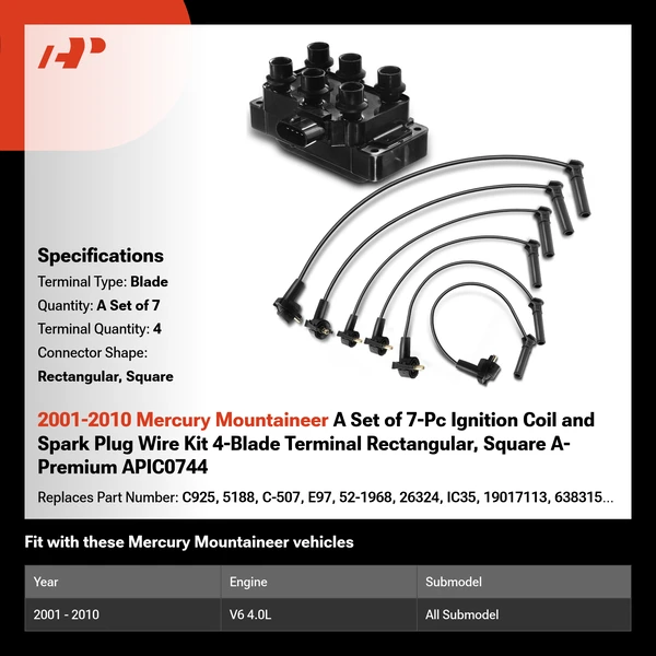 2001-2010 Mercury Mountaineer A Set of 7-Pc Ignition Coil and Spark Plug Wire Kit 4-Blade Terminal Rectangular, Square A-Premium APIC0744
