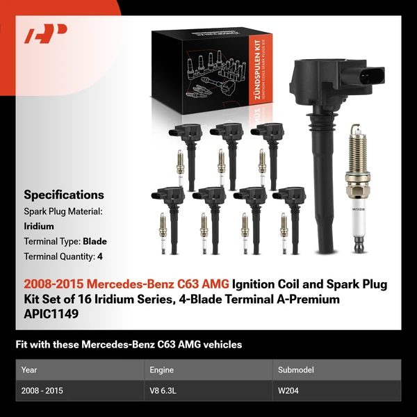 2008-2015 Mercedes-Benz C63 AMG Ignition Coil and Spark Plug Kit Set of 16 Iridium Series, 4-Blade Terminal A-Premium APIC1149