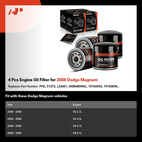 4 Pcs Engine Oil Filter for 2008 Dodge Magnum