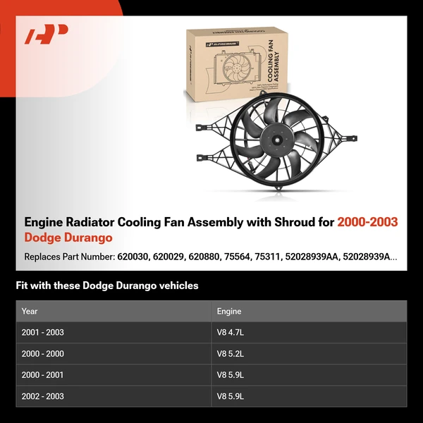 Engine Radiator Cooling Fan Assembly with Shroud for 2000-2003 Dodge Durango