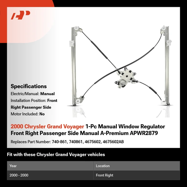 2000 Chrysler Grand Voyager 1-Pc Manual Window Regulator Front Right Passenger Side Manual A-Premium APWR2879