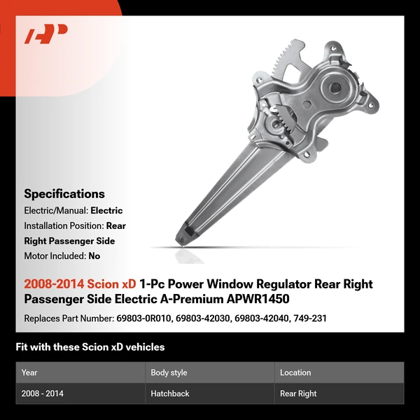 2008-2014 Scion xD 1-Pc Power Window Regulator Rear Right Passenger Side Electric A-Premium APWR1450