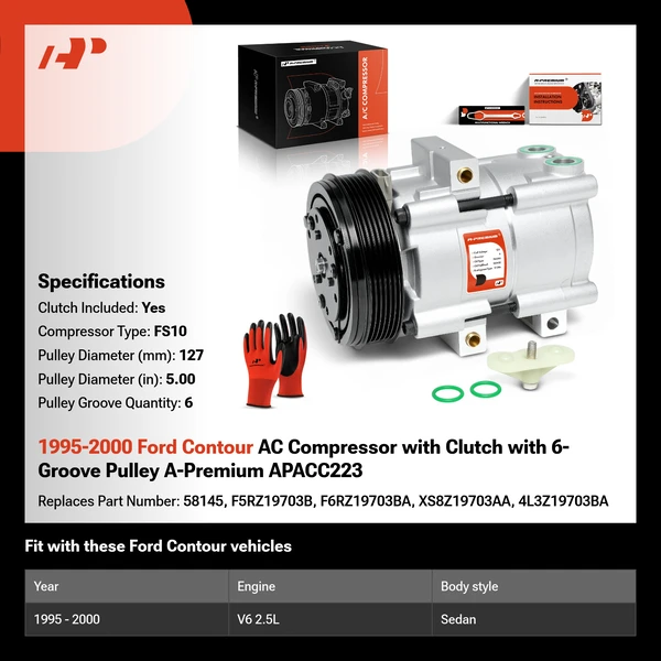 1995-2000 Ford Contour AC Compressor with Clutch with 6-Groove Pulley A-Premium APACC223