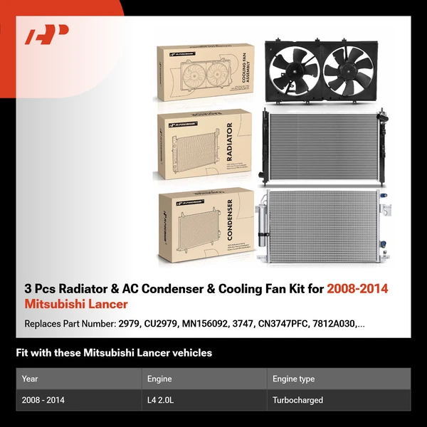 3 Pcs Radiator & AC Condenser & Cooling Fan Kit for 2008-2014 Mitsubishi Lancer
