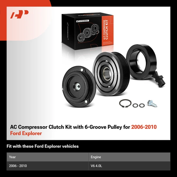 AC Compressor Clutch Kit with 6-Groove Pulley for 2006-2010 Ford Explorer