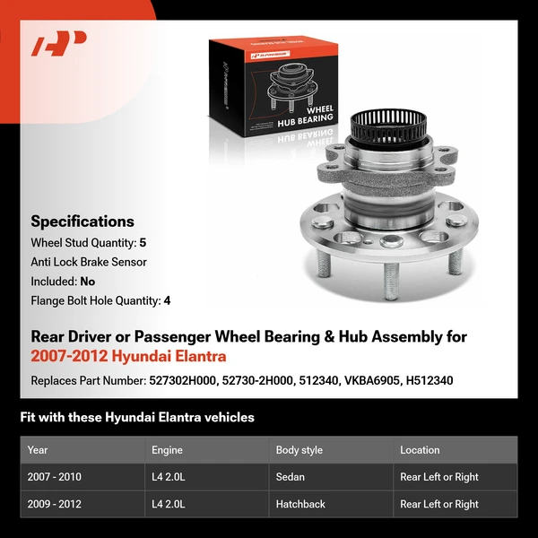 Rear Driver or Passenger Wheel Bearing & Hub Assembly for 2007-2012 Hyundai Elantra