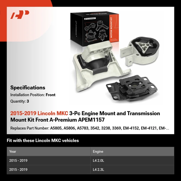 2015-2019 Lincoln MKC 3-Pc Engine Mount and Transmission Mount Kit Front A-Premium APEM1157