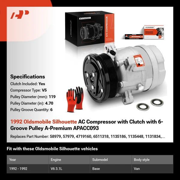 1992 Oldsmobile Silhouette AC Compressor with Clutch with 6-Groove Pulley A-Premium APACC093