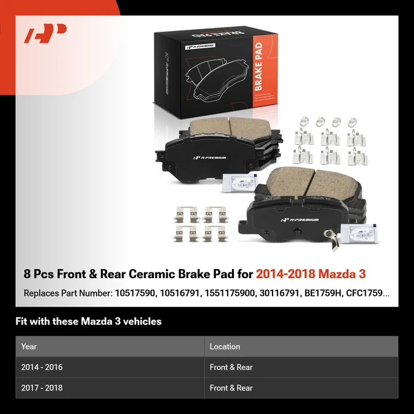8 Pcs Front & Rear Ceramic Brake Pad for 2014-2018 Mazda 3
