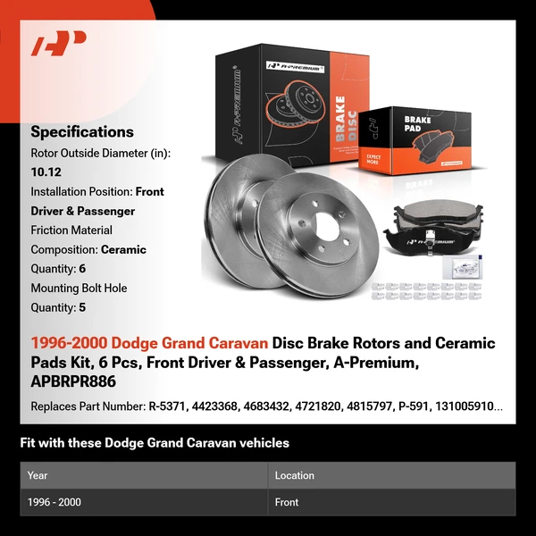 1996-2000 Dodge Grand Caravan Disc Brake Rotors and Ceramic Pads Kit, 6 Pcs, Front Driver & Passenger, A-Premium, APBRPR886