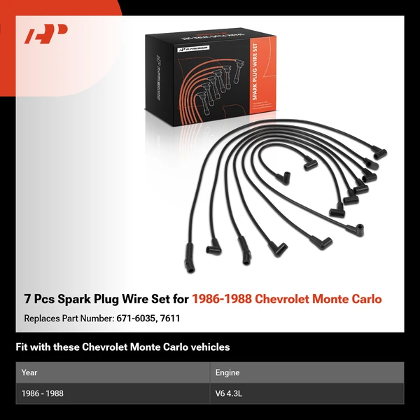 7 Pcs Spark Plug Wire Set for 1986-1988 Chevrolet Monte Carlo