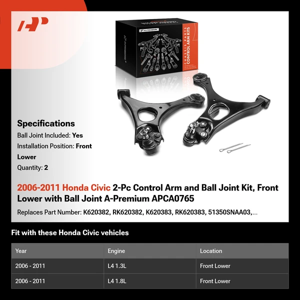 2006-2011 Honda Civic 2-Pc Control Arm and Ball Joint Kit, Front Lower with Ball Joint A-Premium APCA0765
