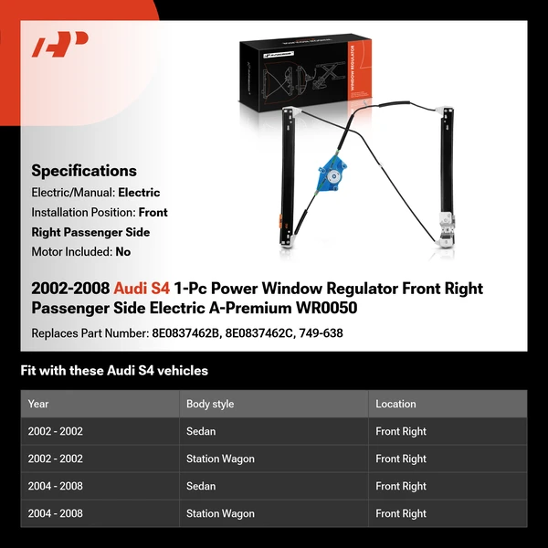 2002-2008 Audi S4 1-Pc Power Window Regulator Front Right Passenger Side Electric A-Premium WR0050