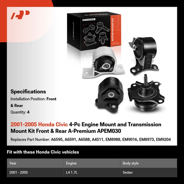 2001-2005 Honda Civic 4-Pc Engine Mount and Transmission Mount Kit Front & Rear A-Premium APEM030
