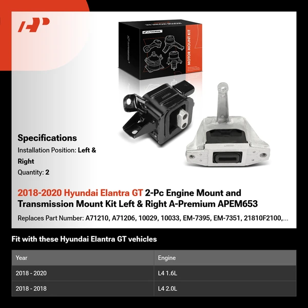 2018-2020 Hyundai Elantra GT 2-Pc Engine Mount and Transmission Mount Kit Left & Right A-Premium APEM653