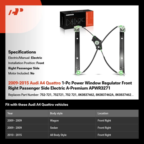 2009-2015 Audi A4 Quattro 1-Pc Power Window Regulator Front Right Passenger Side Electric A-Premium APWR3271