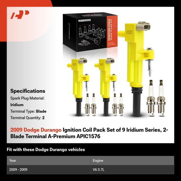 2009 Dodge Durango Ignition Coil Pack Set of 9 Iridium Series, 2-Blade Terminal A-Premium APIC1576