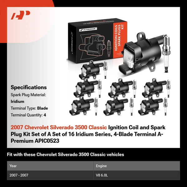 2007 Chevrolet Silverado 3500 Classic Ignition Coil and Spark Plug Kit Set of A Set of 16 Iridium Series, 4-Blade Terminal A-Premium APIC0523