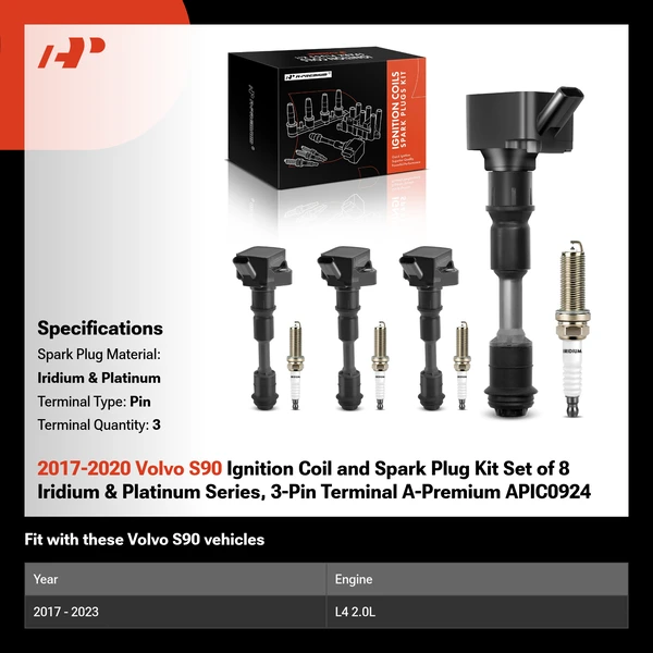 2017-2020 Volvo S90 Ignition Coil and Spark Plug Kit Set of 8 Iridium & Platinum Series, 3-Pin Terminal A-Premium APIC0924