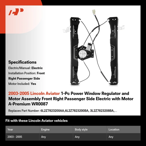 2003-2005 Lincoln Aviator 1-Pc Power Window Regulator and Motor Assembly Front Right Passenger Side Electric with Motor A-Premium WR0087