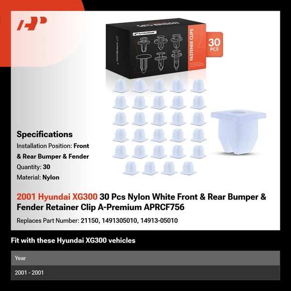 2001 Hyundai XG300 30 Pcs Nylon White Front & Rear Bumper & Fender Retainer Clip A-Premium APRCF756
