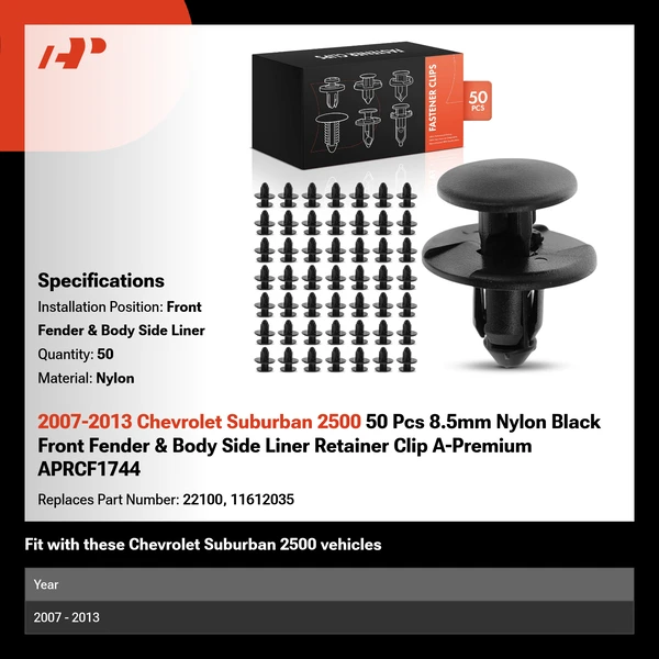 2007-2013 Chevrolet Suburban 2500 50 Pcs 8.5mm Nylon Black Front Fender & Body Side Liner Retainer Clip A-Premium APRCF1744