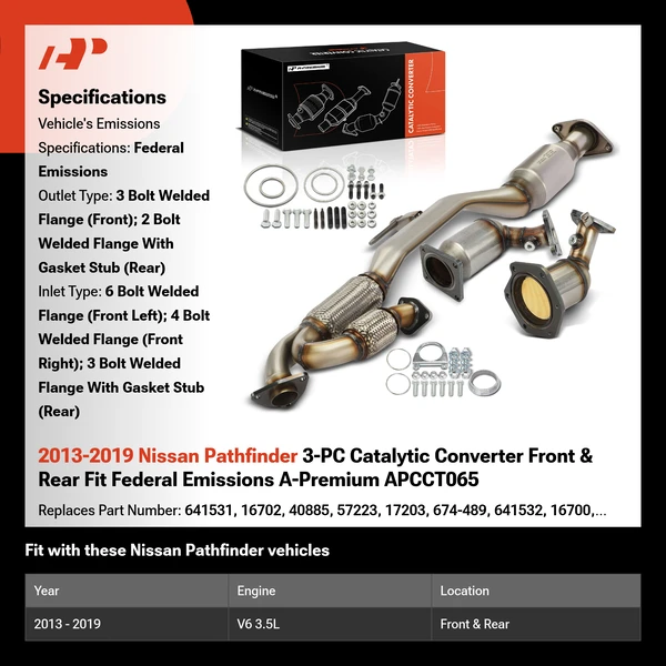 2013-2019 Nissan Pathfinder 3-PC Catalytic Converter Front & Rear Fit Federal Emissions A-Premium APCCT065