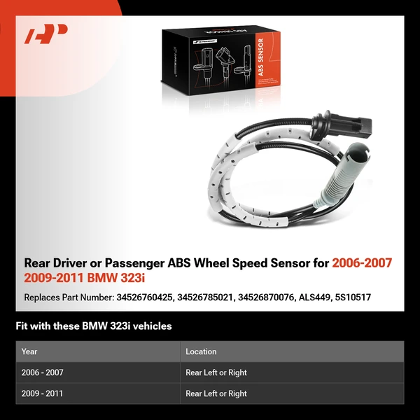 Rear Driver or Passenger ABS Wheel Speed Sensor for 2006-2007 2009-2011 BMW 323i