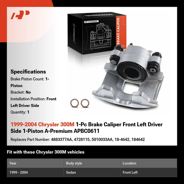 1999-2004 Chrysler 300M 1-Pc Brake Caliper Front Left Driver Side 1-Piston A-Premium APBC0611