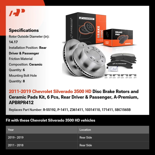 2011-2019 Chevrolet Silverado 3500 HD Disc Brake Rotors and Ceramic Pads Kit, 6 Pcs, Rear Driver & Passenger, A-Premium, APBRPR412