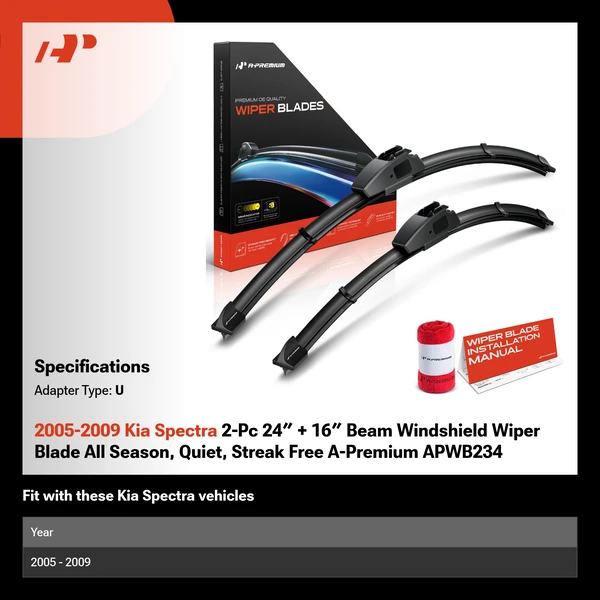 2005-2009 Kia Spectra 2-Pc 24″ + 16″ Beam Windshield Wiper Blade All Season, Quiet, Streak Free A-Premium APWB234
