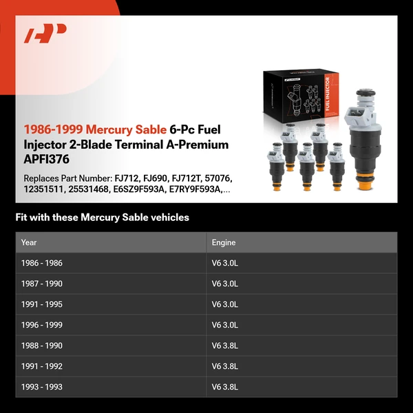 1986-1999 Mercury Sable 6-Pc Fuel Injector 2-Blade Terminal A-Premium APFI376