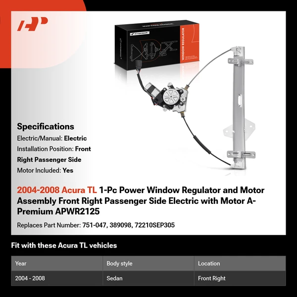 2004-2008 Acura TL 1-Pc Power Window Regulator and Motor Assembly Front Right Passenger Side Electric with Motor A-Premium APWR2125