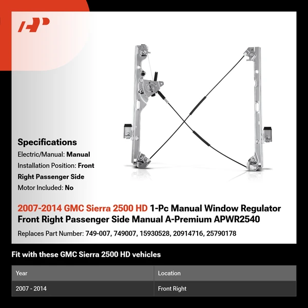 2007-2014 GMC Sierra 2500 HD 1-Pc Manual Window Regulator Front Right Passenger Side Manual A-Premium APWR2540