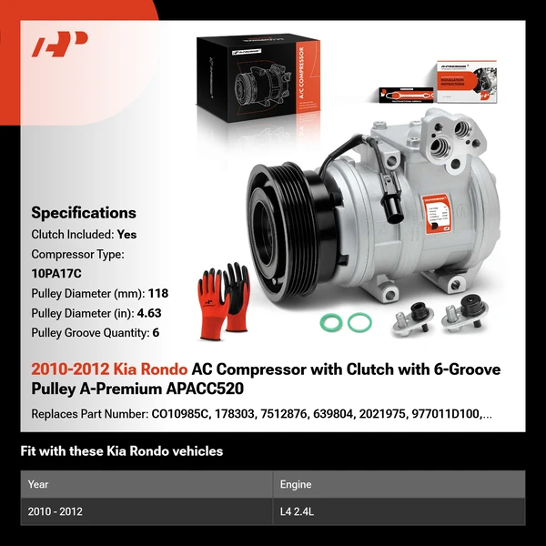 2010-2012 Kia Rondo AC Compressor with Clutch with 6-Groove Pulley A-Premium APACC520