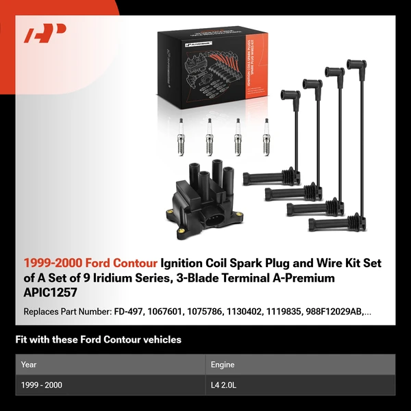 1999-2000 Ford Contour Ignition Coil Spark Plug and Wire Kit Set of A Set of 9 Iridium Series, 3-Blade Terminal A-Premium APIC1257